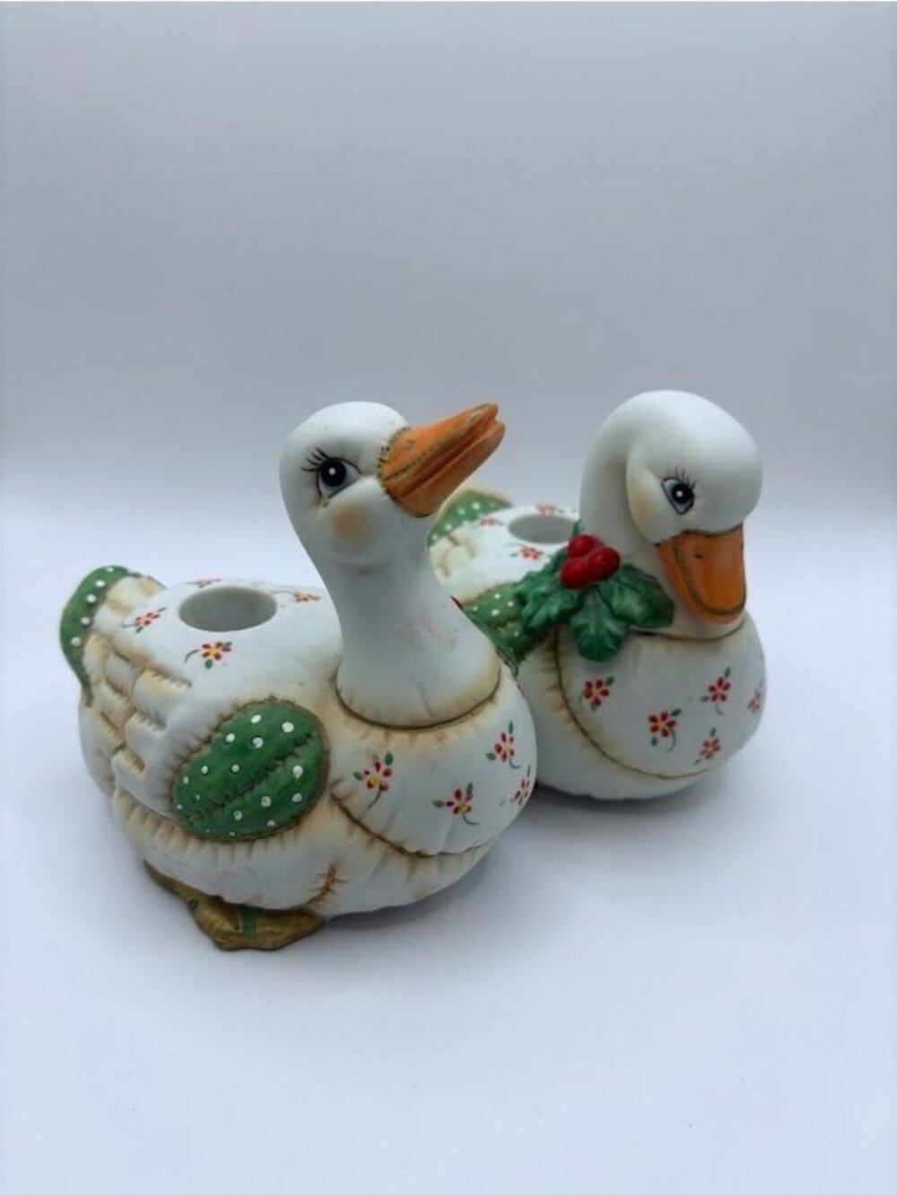 1987 Geo. Z. Lefton "Holly" Patchwork Christmas Goose candle holder - Set Of 2
